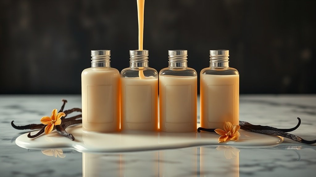 Bianco Latte dupes lined up on a marble surface with milk and almonds