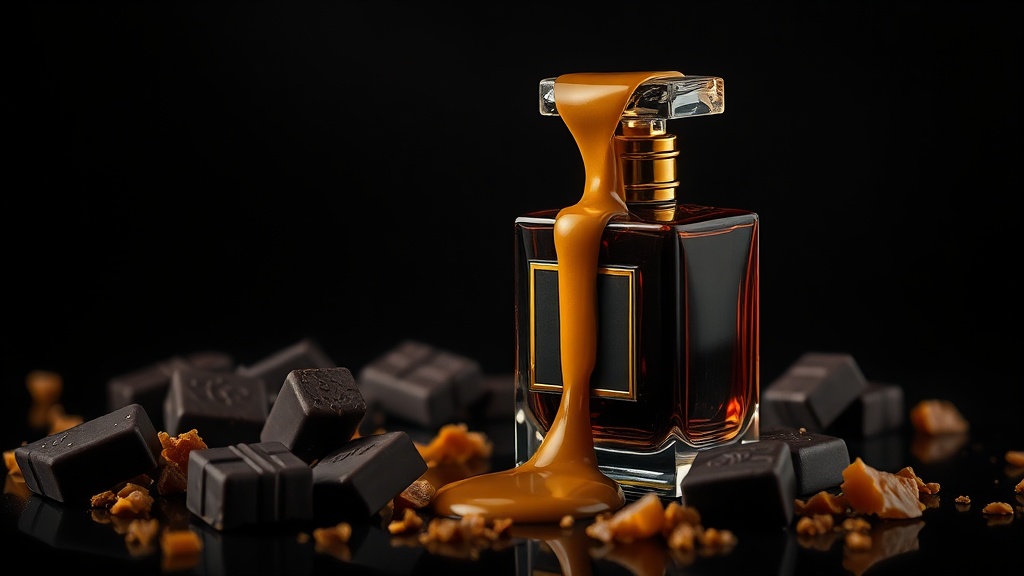 Luxury caramel perfume with dark chocolate and gold