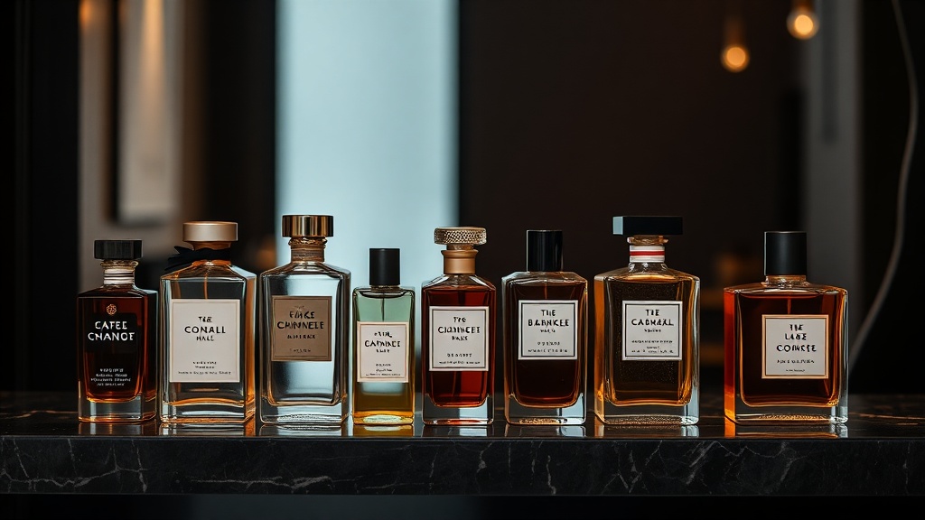 Curated perfume collection on marble shelf